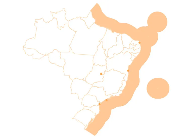 Mapa com áreas e locais de gestão, manejo e restauração do Eixo 4 ao longo da costa brasileira